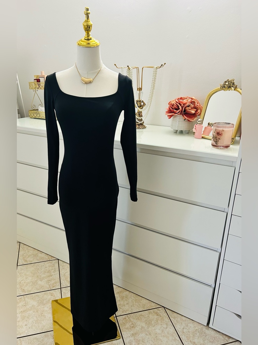 wild fable Black Long Sleeve Square Neck Maxi Dress with Slim Silhouette